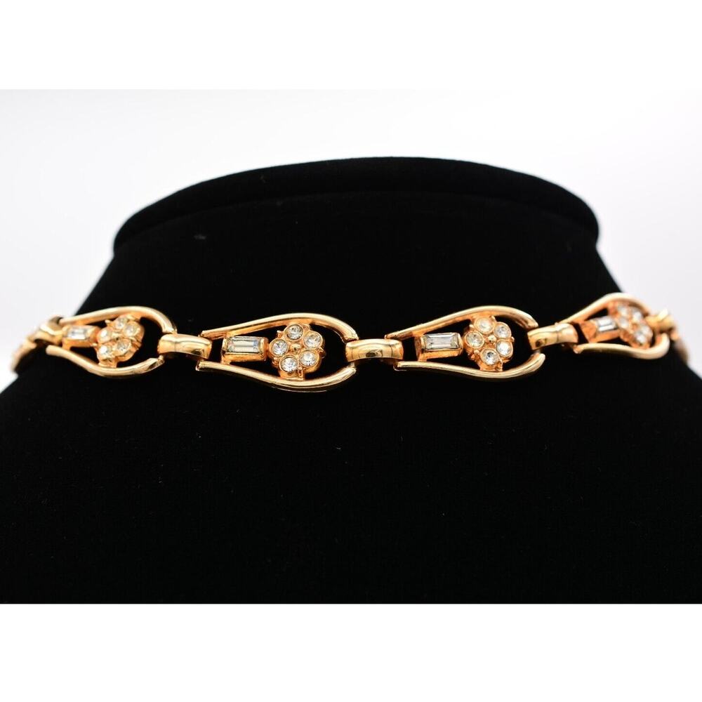 Tara Vintage Choker Necklace Baguette Rhinestone Crystal Gold Signed 1960s Bin7B